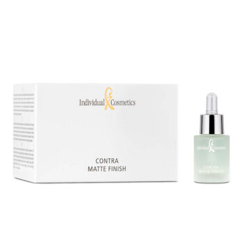 Weiße Verpackung und kleine Glasflasche mit Pipette des Individual Cosmetics CONTRA MATTE FINISH von UPN Austria