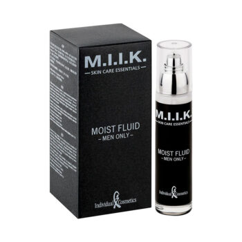Schwarze Verpackung und Flasche mit silbernem Pumpspender des M.I.I.K. Moist Fluid Hautpflegeprodukts für Männer von UPN Austria