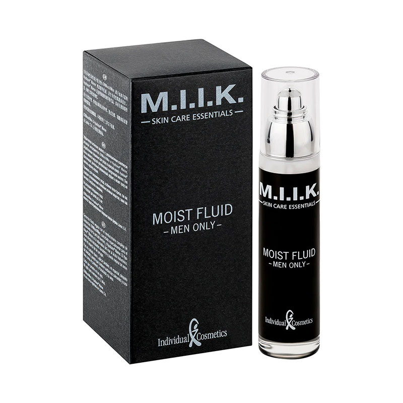Schwarze Verpackung und Flasche mit silbernem Pumpspender des M.I.I.K. Moist Fluid Hautpflegeprodukts für Männer von UPN Austria