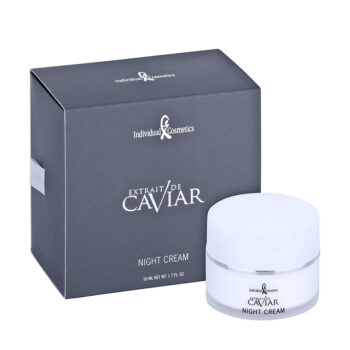 Verpackung und Dose der Individual Cosmetics Extrait de Caviar Night Cream von UPN Austria mit weißem Deckel und dunkelgrauer Schachtel