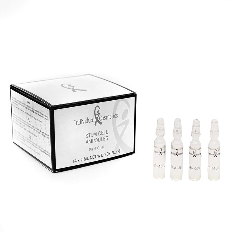 Vier kleine Glasampullen neben weißer Verpackung der Individual Cosmetics STEM CELL AMPOULES Plant Origin von UPN Austria