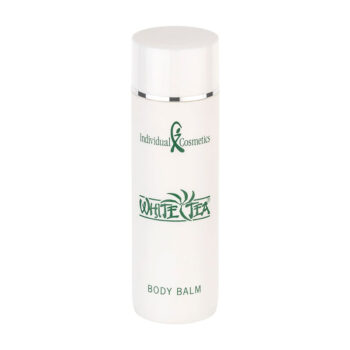 Weiße Flasche mit silbernem Deckel und grünem Schriftzug des Individual Cosmetics WHITE TEA BODY BALM von UPN Austria