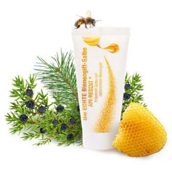 Tube der echten Bienengift-Salbe API-REGENT, Kräutersalbe mit natürlichem Bienengift, mit Biene, Wacholderzweigen und Wabenstück