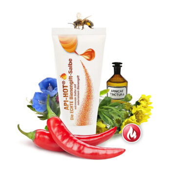 Tube der API-HOT Bienengift-Salbe, Die echte Bienengift-Salbe mit natürlichem Bienengift, mit Biene, Chili-Schoten, Arnika-Tinktur-Flasche und Blüten, Wärme-Symbol