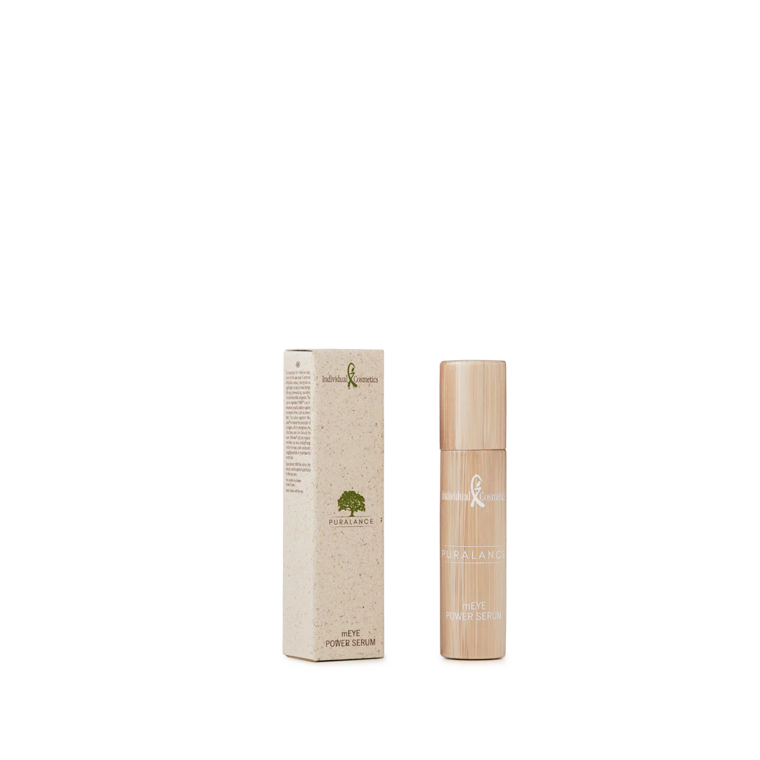 Individual Cosmetics Puralance Eye Power Serum im Holzoptik-Flakon mit passender Produktverpackung