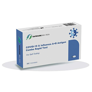 Verpackung des COVID-19 & Influenza A+B Antigen Kombi-Schnelltests von Safecare Bio-Tech für den Selbsttest