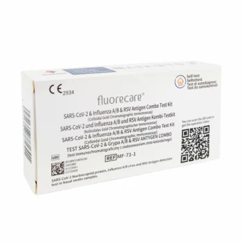 Verpackung des Fluorecare Antigen Combo Testkits für SARS-CoV-2, Influenza A/B und RSV zur Selbstanwendung mit QR-Code für Anleitungsvideo