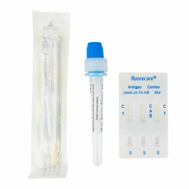 Inhalt des Fluorecare Antigen Kombitests: versiegelter Abstrichtupfer, Pufferlösung und Testkassette für COVID-19, Influenza A/B und RSV