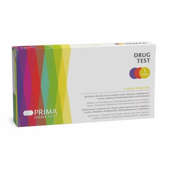 Verpackung des PRIMA Home Test Drogentests zur Eigenanwendung, erkennt 6 häufige Drogen im Urin: Morphin, Amphetamine, Kokain, Marihuana, Methamphetamin und Methadon.