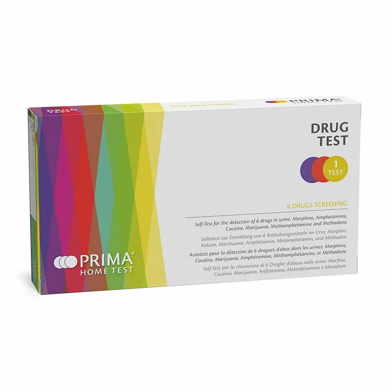 Verpackung des PRIMA Home Test Drogentests zur Eigenanwendung, erkennt 6 häufige Drogen im Urin: Morphin, Amphetamine, Kokain, Marihuana, Methamphetamin und Methadon.