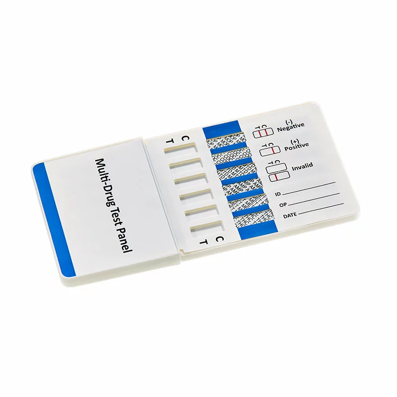 Offenes PRIMA Multi-Drogentestpanel zur gleichzeitigen Erkennung von sechs Substanzen im Urin, mit Kontroll- und Testlinien sowie Auswertungsfeldern für Ergebnisdokumentation.