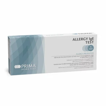 Verpackung des PRIMA Home Test zur Bestimmung des Gesamt-IgE-Spiegels im Blut zur frühzeitigen Erkennung von Allergien.