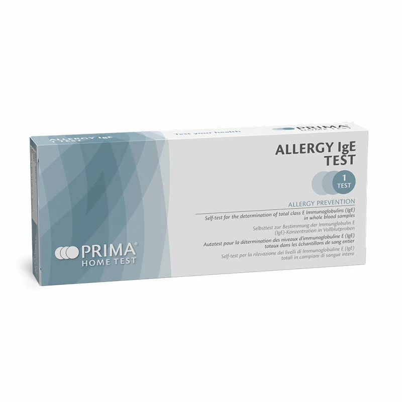 Verpackung des PRIMA Home Test zur Bestimmung des Gesamt-IgE-Spiegels im Blut zur frühzeitigen Erkennung von Allergien.