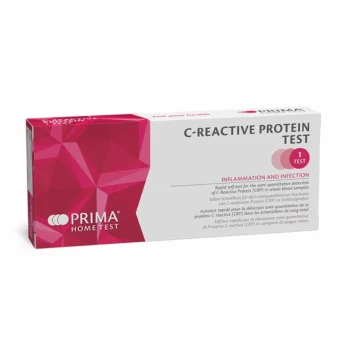 Verpackung des PRIMA C-reaktives Protein (CRP) Heimtests zur semiquantitativen Erkennung von Entzündungen und Infektionen durch CRP-Messung im Vollblut.