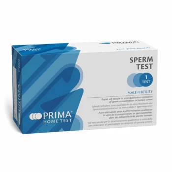 Verpackung des PRIMA Home Test Spermatests zur Bestimmung der Spermienkonzentration bei Männern im Rahmen eines Selbsttests