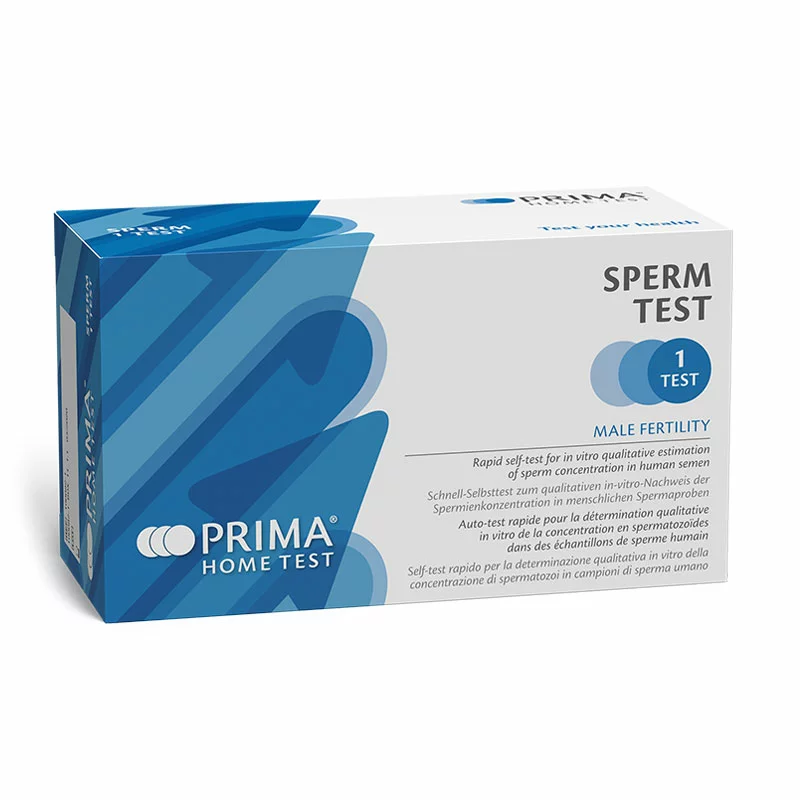 Verpackung des PRIMA Home Test Spermatests zur Bestimmung der Spermienkonzentration bei Männern im Rahmen eines Selbsttests