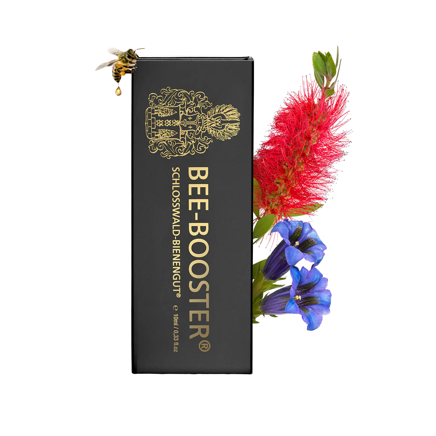 Schwarze Bee-Booster Verpackung von Schlosswald-Bienengut mit goldener Schrift, Biene und Blütenmotiv