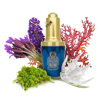 Elixier-Royal Flakon von Schlosswald-Bienengut in Blau und Gold, dekoriert mit Biene sowie Pflanzen-, Moos- und Algenmotiven