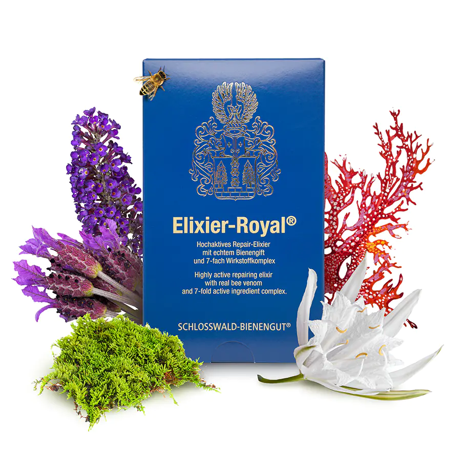 Elixier Royal Pflegeelixier mit Bienengift in blauer Verpackung, dargestellt mit pflanzlichen Elementen