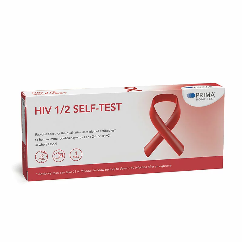 Verpackung des PRIMA Home Test HIV 1/2 Selbsttests zur qualitativen Antikörperbestimmung im Vollblut, rot-weißes Design mit roter Schleife