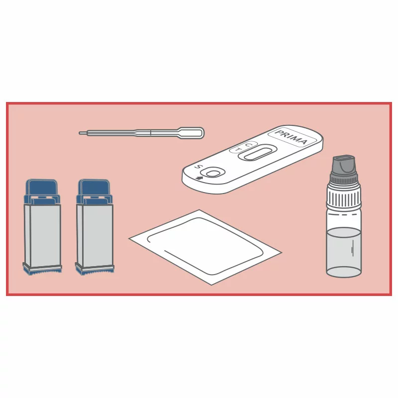 Illustration der Bestandteile des PRIMA HIV 1/2 Selbsttests: Lanzetten, Pipette, Testkassette, Alkoholtupfer und Reagenzfläschchen