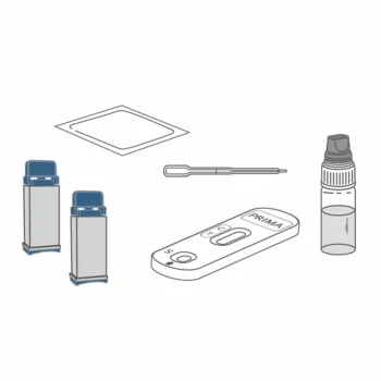 Illustration der Testbestandteile des PRIMA Ferritin-Heimtests zur Bestimmung des Eisenwertes im Blut: Lanzetten, Testkassette, Pipette, Desinfektionstuch und Pufferlösung.
