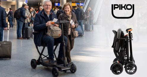 Älteres Paar mit faltbarem Elektromobil PIKOULTRA in einer Reiseumgebung
