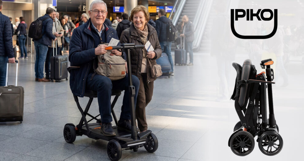 Älteres Paar mit faltbarem Elektromobil PIKOULTRA in einer Reiseumgebung