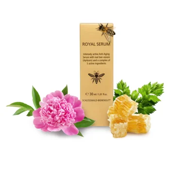 Verpackung des Royal Serum von Schlosswald-Bienengut, Anti-Aging Serum mit Bienengift, Honigwabe und Blütenmotiv
