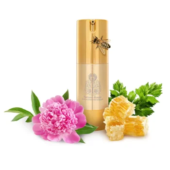 Serum-Royal von Schlosswald-Bienengut in goldener Spenderflasche mit Biene, Honigwabe, Blüte und Kräutern als Produktmotiv