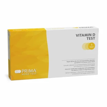 Produktfoto des PRIMA Vitamin D Tests zur schnellen Bestimmung des Vitamin-D-Spiegels im menschlichen Vollblut, gelb-weiße Verpackung mit Aufschrift und Testhinweisen.