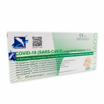Verpackung des Deepblue COVID-19 (SARS-CoV-2) Antigen Schnelltests mit grünem Design für den privaten Selbsttest