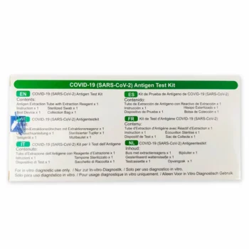 Rückseite der Deepblue COVID-19 Schnelltestverpackung mit mehrsprachiger Übersicht der enthaltenen Bestandteile