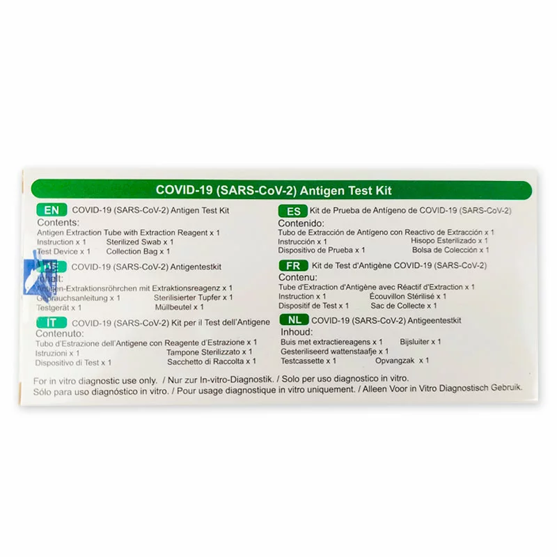 Rückseite der Deepblue COVID-19 Schnelltestverpackung mit mehrsprachiger Übersicht der enthaltenen Bestandteile