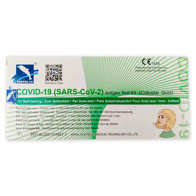 Vorderseite der Deepblue COVID-19 (SARS-CoV-2) Antigen Testkit Verpackung mit grünem Design und QR-Code für Anleitungsvideo