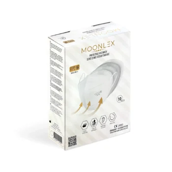 Verpackung einer Moonlex FFP2-Gesichtsmaske mit weißer Maske und Produktinformationen